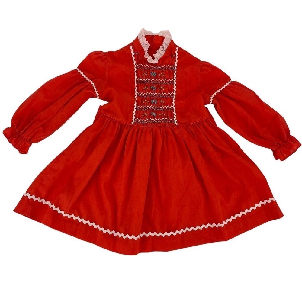 🔴 5 for $25! Vintage Girl’s Dress Prairie Orange Embroidered Eyelet Ruffle 6